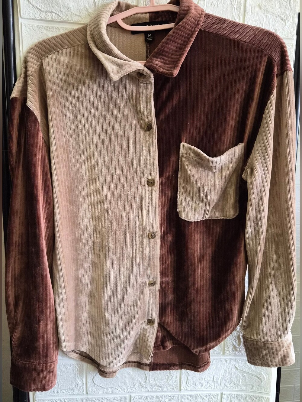 Brown Beige Color-Block Corduroy button-down shirt Sz Med Fall Jacket  Festival